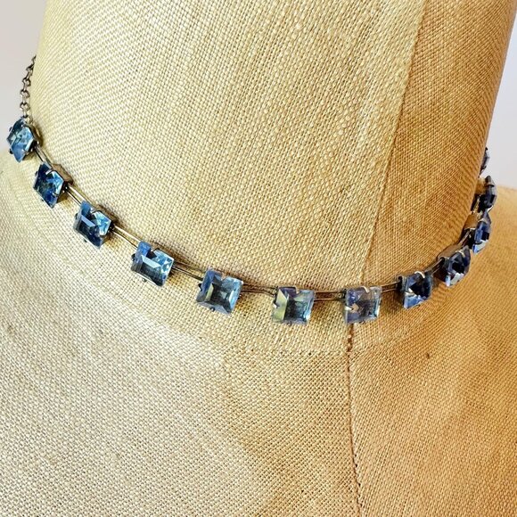 Vintage Art Deco Necklace Sterling Silver: Antique, Blue Glass Faceted - Picture 2 of 6